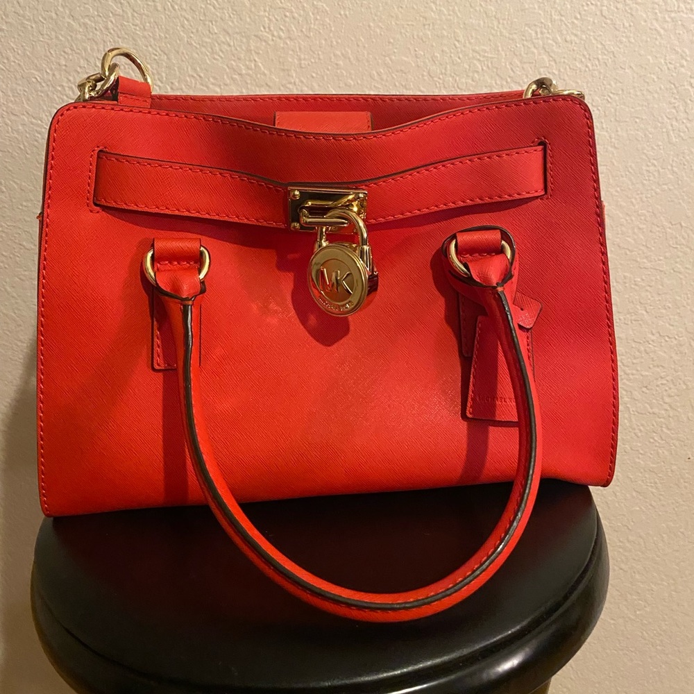 MICHAEL KORS HAMILTON MANDARIN RED SAFFIANO LEATHER GOLD EW SATCHEL BAG